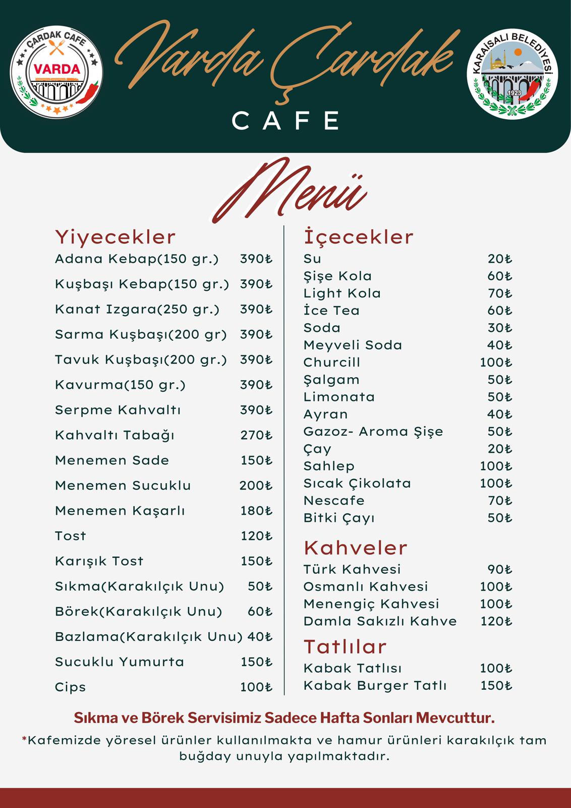Varda Çardak Cafe Menü